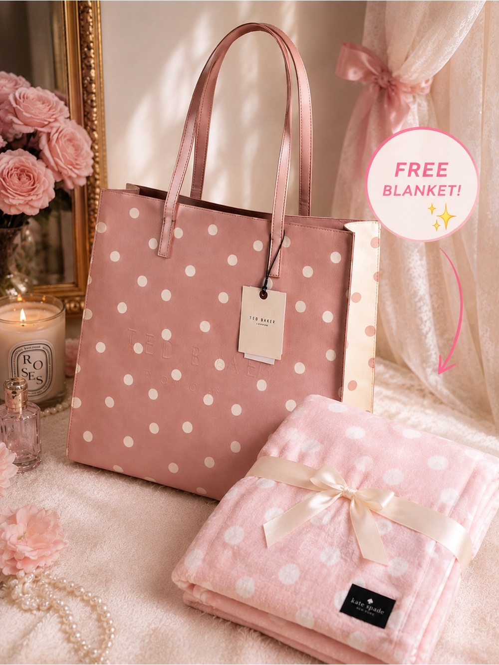NWT Ted Baker Pink Polka Dot Tote + FREE Kate Spade Plush Blanket 60x70 Coquette